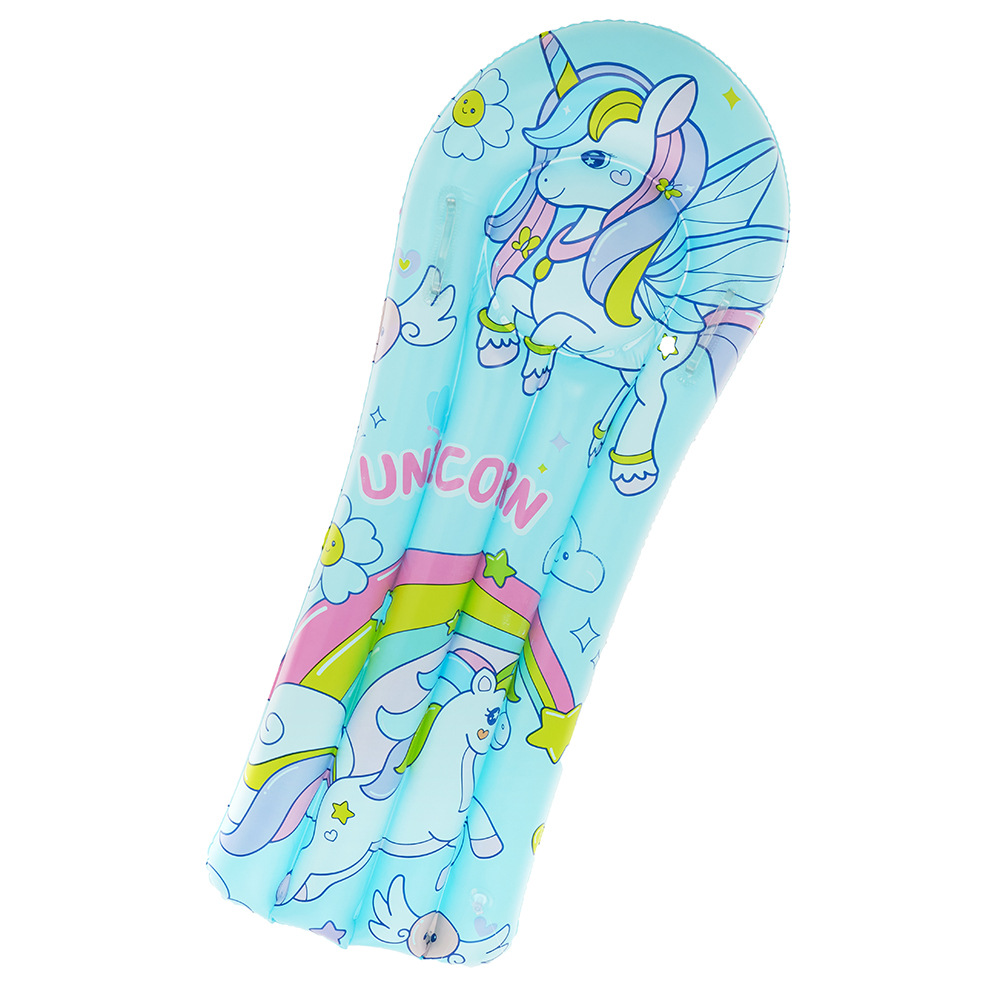 Long-knocked-unicorn, child inflating floats (different sizes)